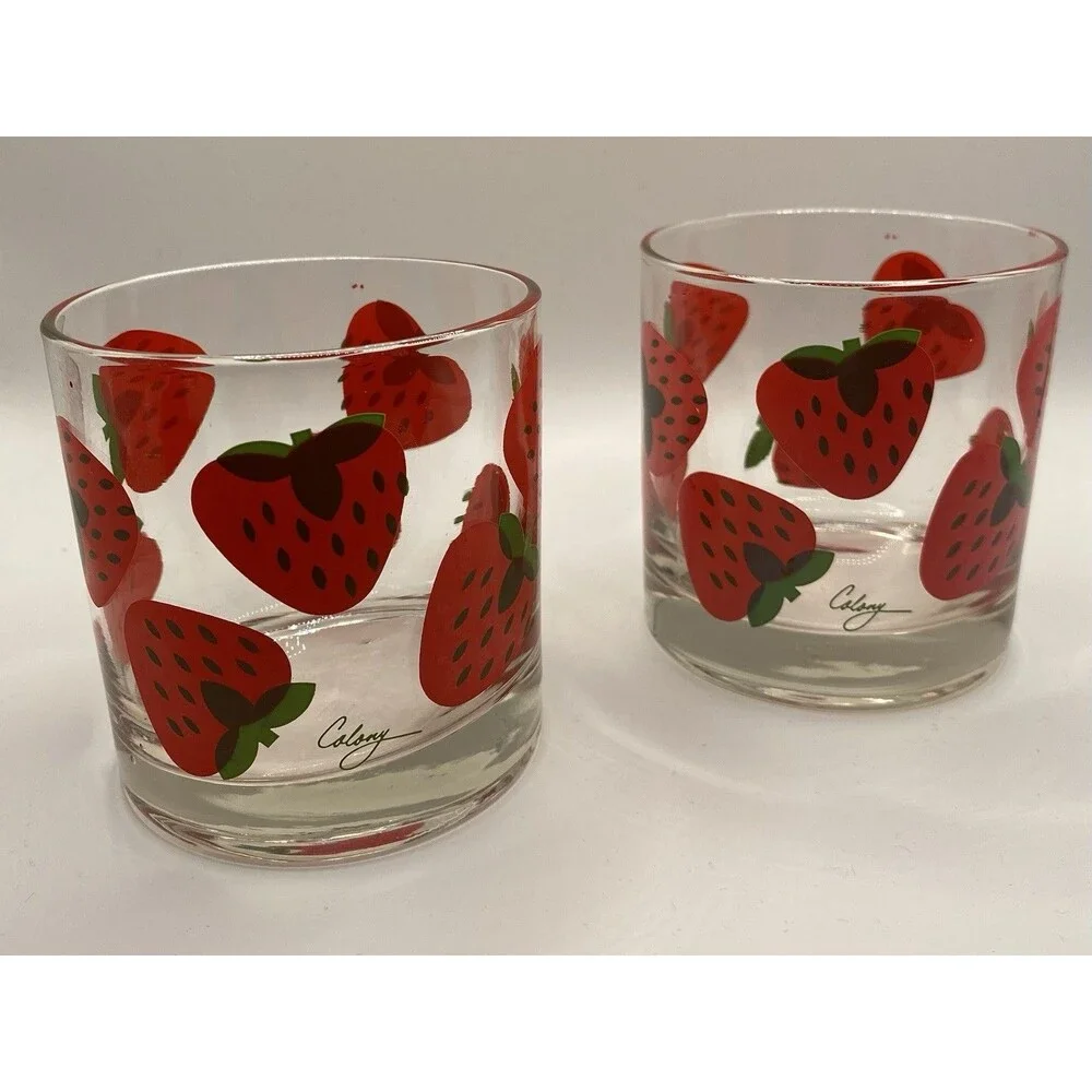 2) Vtg 70s Strawberry Glasses Signed by Colony 3.5” Drinkware MCM Juice Lowball
